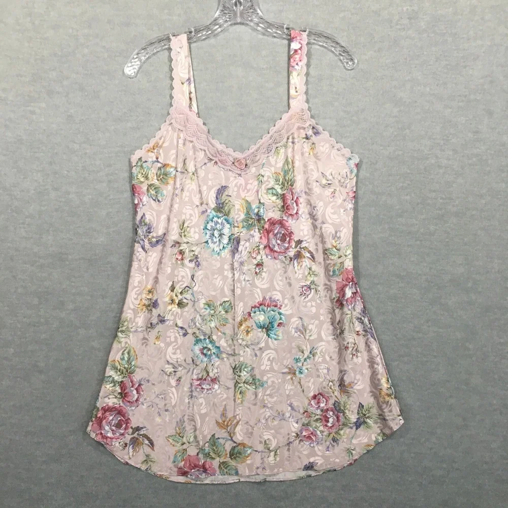 Vintage Sleep Solutions M Satin Floral Slip Dress Chemise Lace Colorful Rose 90s